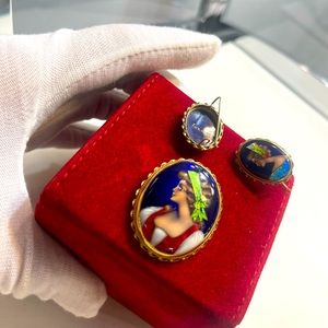 Solid, 14 karat, yellow, gold, French hand, painted earrings, and matching brooc